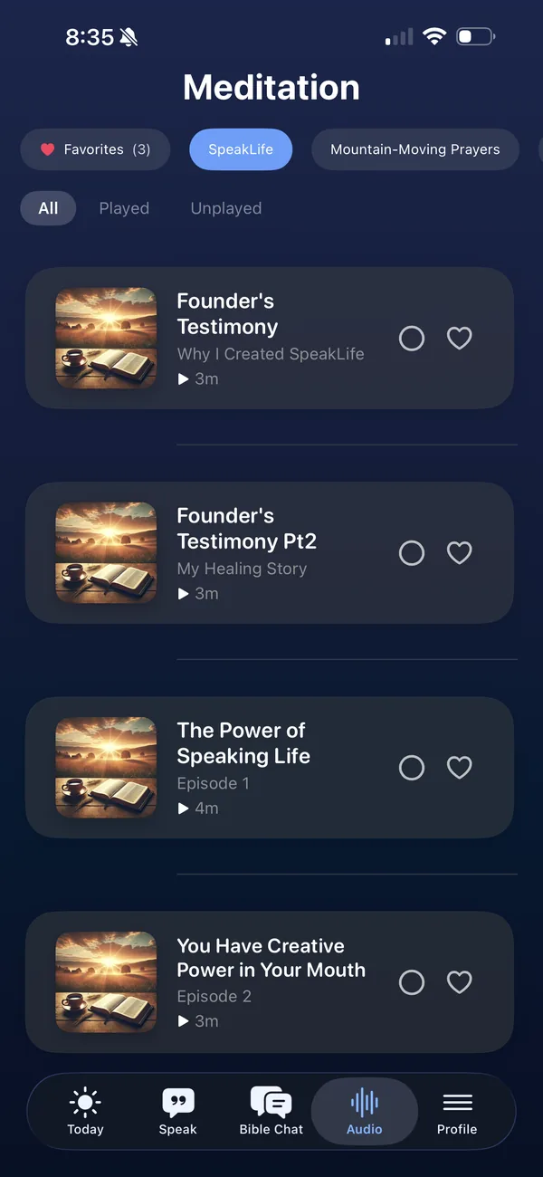 SpeakLife Audio tab showing short devotionals including Founder's Testimony and The Power of Speaking Life