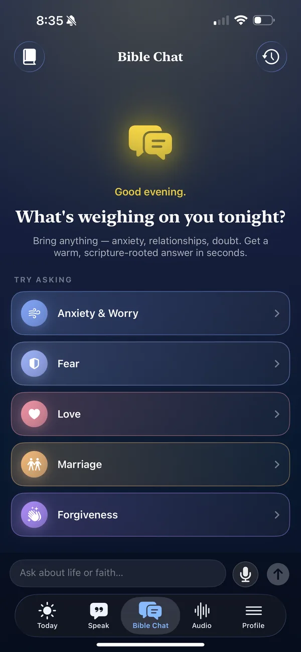 SpeakLife Bible Chat asking What's weighing on you tonight, with topics for anxiety, fear, love, marriage and forgiveness