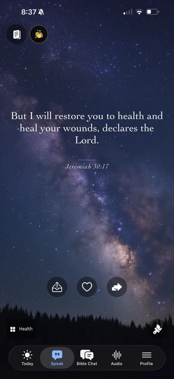 SpeakLife Speak tab showing Jeremiah 30:17 over a night sky