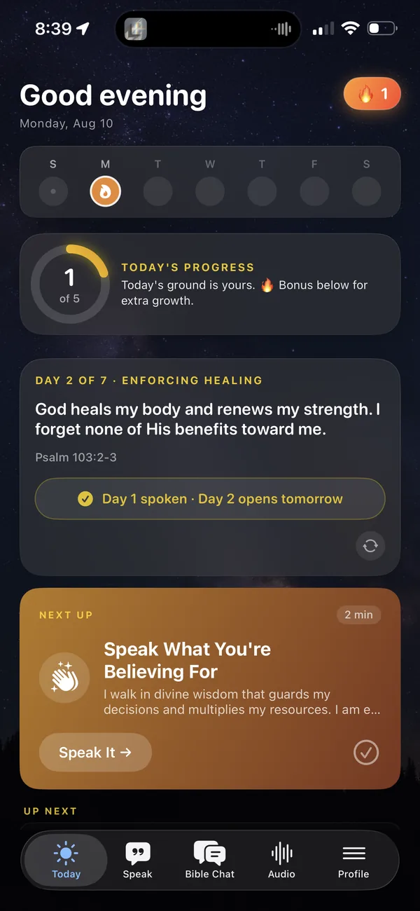 SpeakLife Today tab showing a streak, today's progress and a seven-day healing plan